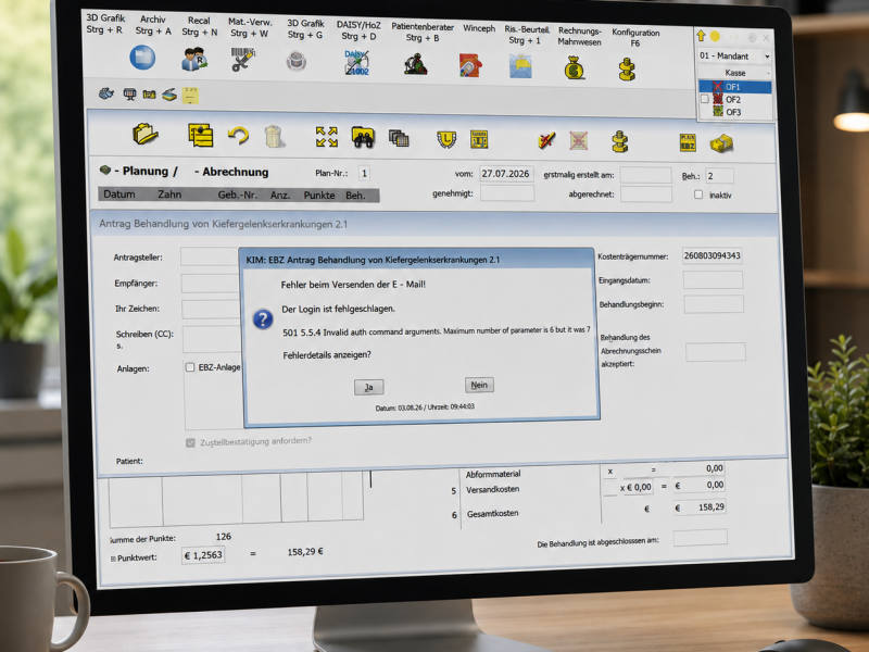 CGM Z1 Fehlerdialog beim KIM-Versand eines EBZ-Antrags: 501 5.5.4 Invalid auth command arguments