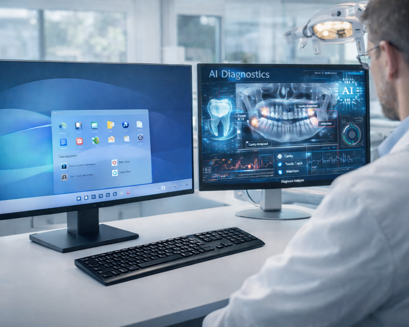 Windows 12 Desktop und KI-Diagnostik am Arbeitsplatz in der Zahnarztpraxis
